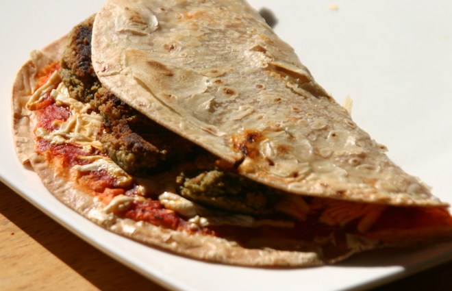 Vegan Pesto Patty Pizza Quesadilla